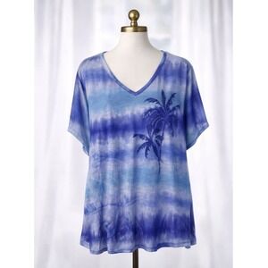 Avenue Knit T-Shirt Tee Top Tropical Floral Plus 26 28 Blue Purple Rhinestones
